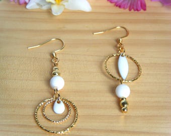 Mismatched asymmetrical white earrings, Original women's gift. Long dangling jade earrings.