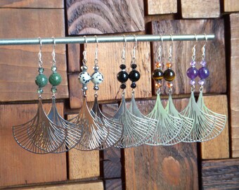 Silver ginkgo biloba leaf and natural stone earrings in stainless steel I Original women's earring.