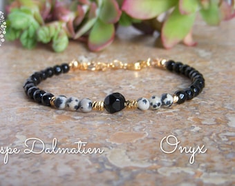 Bracelet en pierres naturelles I Bracelet Jaspe Dalmatien et Onyx I Bracelet femme fin I Cadeau fete des meres