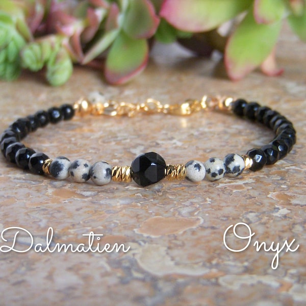 Bracelet en pierres naturelles I Bracelet Jaspe Dalmatien et Onyx I Bracelet femme fin I Cadeau fete des meres