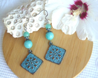"Atlantis" earrings in natural stone and blue patinated charms. Summer, sea, beach earrings. Matching necklace.