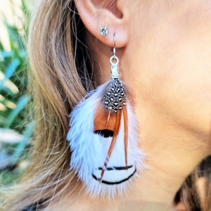 Single feather earring. Christmas gift for women. Natural feathers. Boho chic style. Feather jewelry. Original earring.