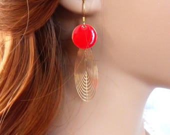 "Scarlett" earrings with long filigree print and enameled tassels. Original women's gift. Choice of red or white.
