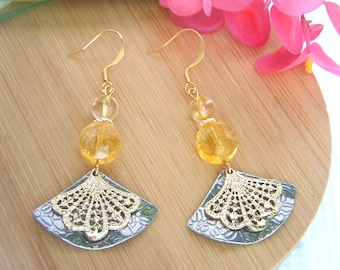 "Aurore" earrings in natural citrine stone plated with 18k gold. Original gold and silver earrings I Gift for her.