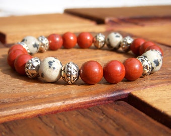 Women's bracelet, natural stone bracelet, Red Jasper and Dalmatian bracelet, 8mm multi-stone bracelet, . Length 18cm.