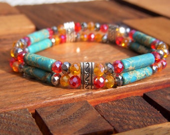 Women's multi-row bracelet in turquoise Imperial Jasper bead; glass bead and silver Tibetan. Natural stone bracelet.