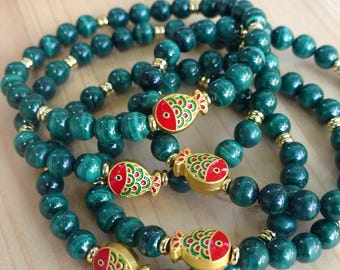 Natural Malachite Bracelet, Grade A, 6 mm | Lucky Fish | Good Fortune & Abundance | Women's Lucky Bracelet | 18 cm