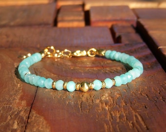Thin AMAZONITE bracelet, stone bracelet for women blue with 18k gold plated beads. Birthday woman gift.
