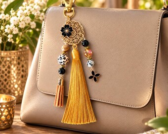 Trendy bag charm for winter 2026/2027, keychain, black, suede and gold bag charm, original gift for women, Christmas gift, teacher gift
