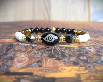 Women's lucky bracelet made of natural stone and Nepalese dzi beads. Original Mother's Day gift. Women's Tiger's Eye bracelet.