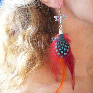 Long multi-colored feather earrings. Original earring in natural feathers. Boho chic earring.
