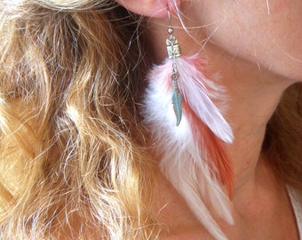 Pair of long earrings in blue and black natural feathers. Boho, Gypsy, Hippie earrings. Original women's gift.