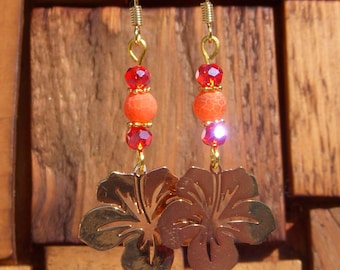 Orange cracked agate earrings with a fine gold-plated stainless steel flower. An original women's gift.