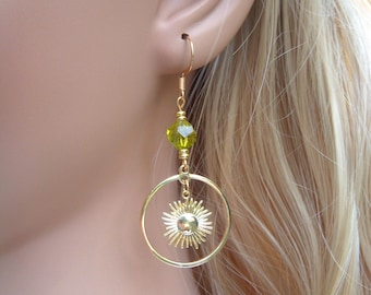 Peridot Earrings I August Birthstone I Sun and 18k Gold Plated Pearls I Delicate and Chic Women's Gift.