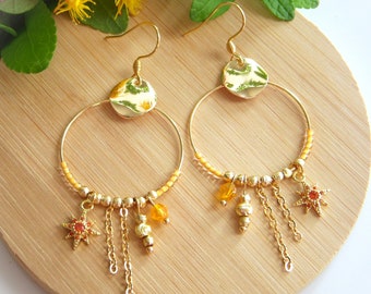 Boho earrings, orange and gold hoops I Original earrings for women I Chic bohemian earrings I Gift for her