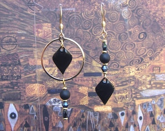 Mismatched asymmetrical black earrings, Original women's gift. Long dangling agate earrings.
