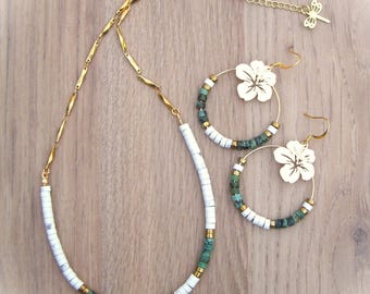 Fine gold necklace for women in natural heishi stone of Howlite and African Turquoise. Minimalist necklace. Original Christmas gift for women.