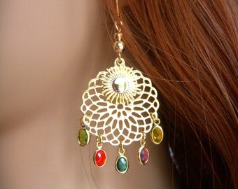 Multicolored "Vera" earrings in glass, gold and brass. Original Christmas gift for women. Gold dangling earrings with sun.
