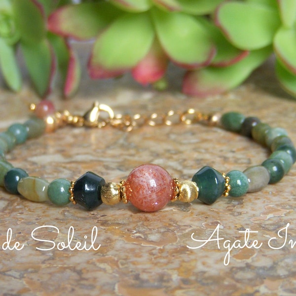 Bracelet en Pierre de Soleil et Agate indienne , bracelet femme fin en pierres naturelles , Cadeau femme original.