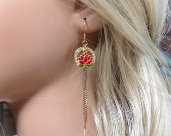 "Yoko" drop earrings in dyed red jade beads and lotus pendants. 2 versions available. Original gift for women.