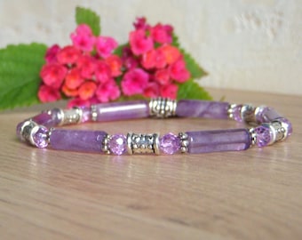 Fine women's bracelet in Amethyst, natural stone, Tibetan beads, faceted glass beads, birthday gift. Trendy bracelet.