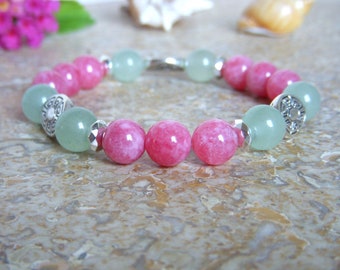 Women's bracelet in rhodochrosite and aventurine, Tibetan silver lotus beads and 8mm natural stone beads. Length 18 cm.