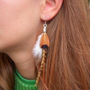 Single feather earring. Wife gift. Natural feathers. Boho-chic style. Feather jewelry. Original earring.