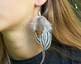 Unique long earring in grizzly rooster feather and others. Original women's gift.