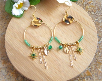 Boho earrings, emerald green creoles I Original earrings for women I Boho chic earrings I Gift for her