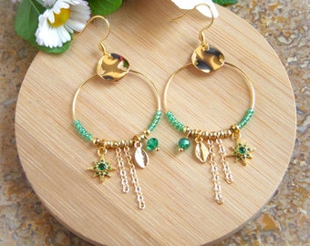Boho earrings, emerald green hoops I Original earrings for women I Bohemian chic earrings I Gift for her