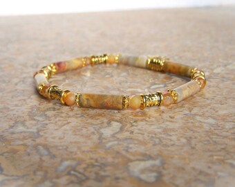 Women's Crazy Agate bracelet. Natural stone and Tibetan bead bracelet. 2 options: silver or gold. On-trend minimalist bracelet.