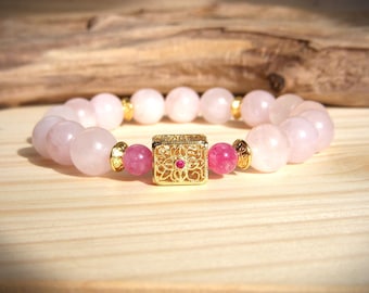 Rose Quartz bracelet, 10mm pearl. Tourmaline beads and long-lasting gold-plated brass. Mother's Day gift