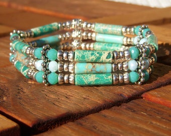 Multi-row elastic women's bracelet in imperial Jasper natural stone, glass and silver Tibetan beads, Christmas birthday gift