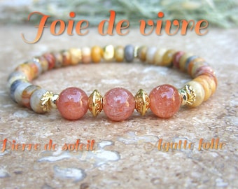JOIE DE VIVRE bracelet in Crazy Agate and Sunstone. Natural stone bracelet. Women's Christmas or birthday gift.