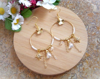 Boho earrings, white creolesI Original earrings for women I Chic bohemian earring I Gift for her
