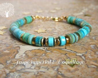 Women's bracelet in natural stone bead, heishi beads in imperial jasper and turquoise shell bead, hematite. Christmas gift