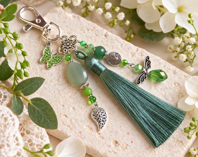 Featured listing image: Bag charm I Key ring I Car jewelry I Green aventurine bag charm I Original women's gift, Christmas gift I Teacher gift
