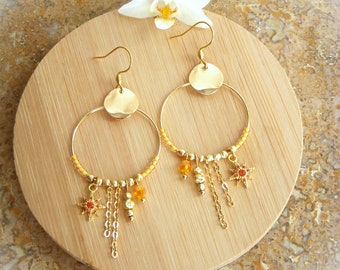 Boho earrings, orange and gold hoops I Original earrings for women I Chic bohemian earrings I Gift for her