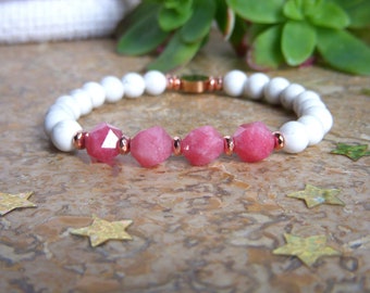 Natural stone bracelet I Rhodochrosite and Howlite bracelet I Elastic bracelet 17.5 cm I Original women's gift I mother, sister gift