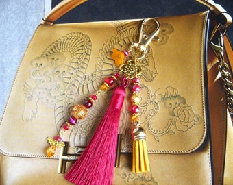 Bag charm | Glass bead and ceramic keychain | Handmade bag charm with tassel | Original gift for teachers and teaching assistants