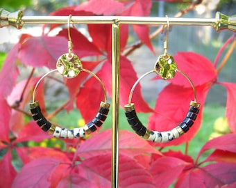 Earrings with matching fine gold necklace, in natural heishi stone of Dalmatian Jasper and Onyx. Original Christmas gift for women.