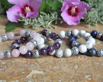 10mm natural stone bracelet, 4 choices: Lapis lazuli, Rose quartz, Amethyst, Howlite. and electroplated glass beads.