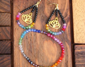 Faceted glass bead bracelet, elastic women's bracelet, 17.5 cm, earring drip during Lotus 5 cm. Gift woman.
