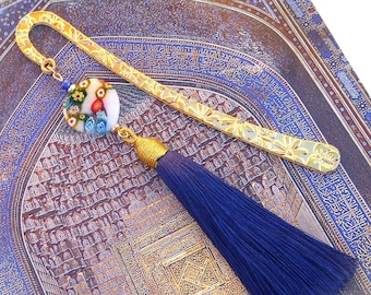 Bookmarks / Bookmark in metal and millefiori glass bead heart I Bookmark with pompoms I Luxury bookmark I Gift for book lover