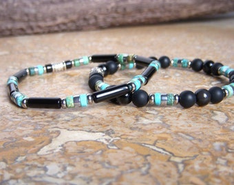 Men's pearl bracelet I Set of two fine bracelets in natural stone I Original men's gift I Heishi bracelet in Jasper, Onyx and Agate.