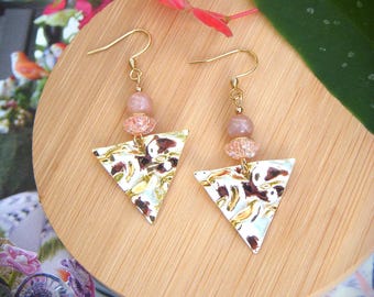 "Solène" Triangle earrings in natural stone and 18k gold plated I Original golden earrings, party jewelry.