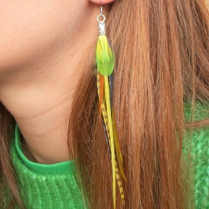 Single feather earring. Christmas gift for women. Natural feathers. Boho chic style. Feather jewelry. Original earring.