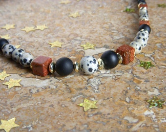 Natural stone necklace of Black Agate, Dalmatian Jasper and synthetic goldstone. Original women's gift for Christmas, birthday