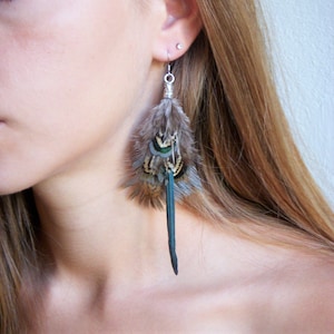 Single feather earring. Wife gift. Natural feathers. Boho-chic style. Feather jewelry. Original earring.