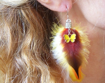 Pair of natural feather earrings, Long earrings. Boho, Gypsy, Hippie earrings. Original women's gift.